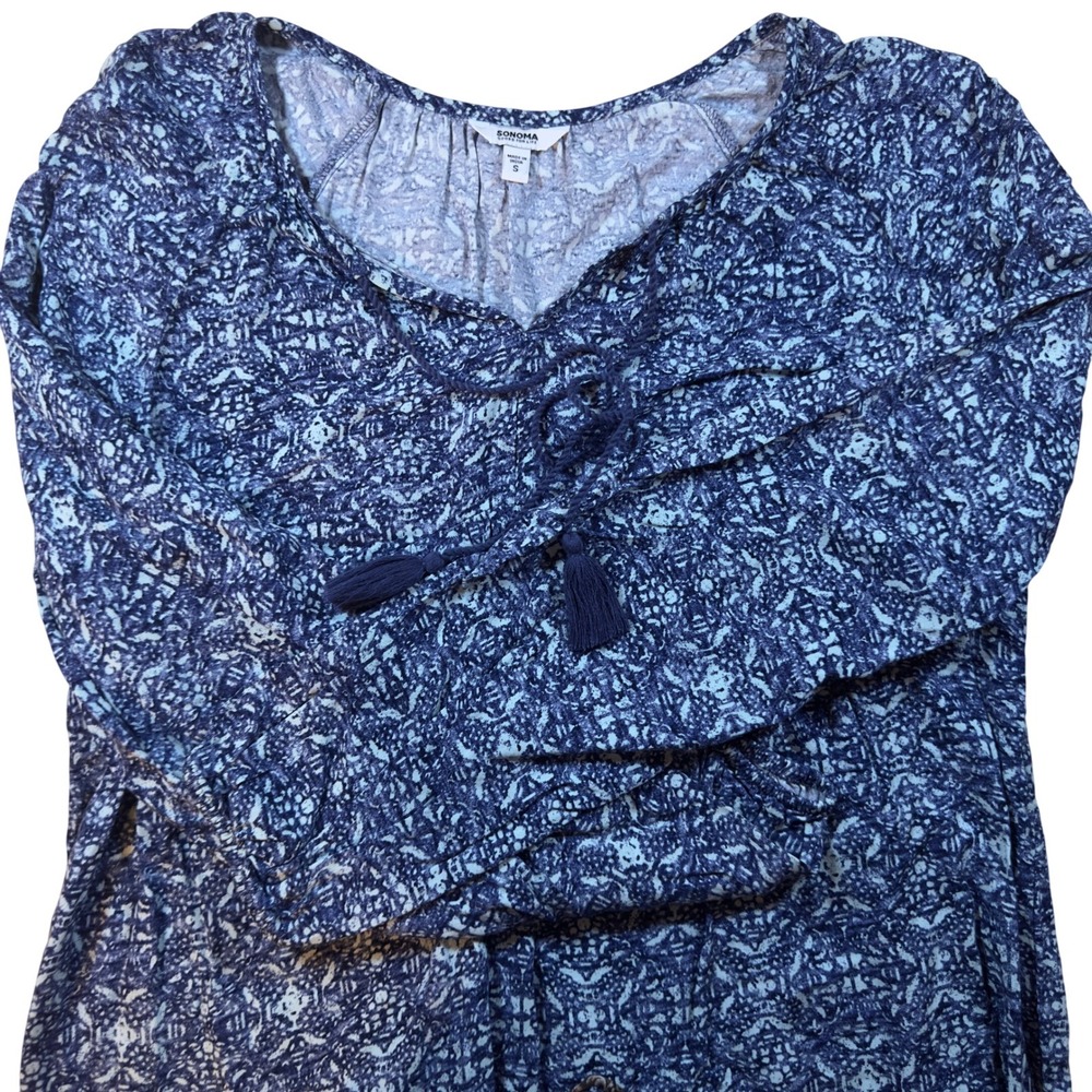 Sonoma Dress Blue Print‎ Long Sleeve Tassel Tie V Neck Casual Boho Summer Size S